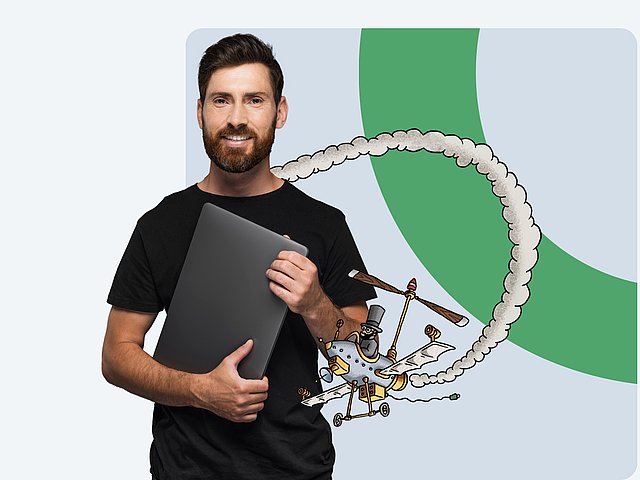 Ein Mann hält einen Laptop fest und eine Illustration des Flying Circus visualisiert die individuelle managed Application Hosting-Dienstleistung