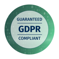 Round green badge with binary code in the background reading: Guaranteed GDPR compliant