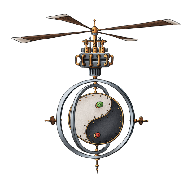 Das Flying Circus Yin und Yang-Element Das Yin und Yang Zeichen mit einem Propeller modifiziert im Stil vom Steampunk