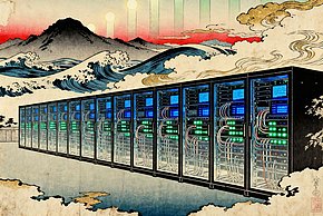 Eine Reihe moderner Server-Racks im Stil eines japanischen Holzschnitts (Ukiyo-e), eingebettet in eine traditionelle Landschaft mit Wellen, Bergen und einem Sonnenaufgang. Die Server leuchten in Blau- und Grüntönen und symbolisieren die Verbindung von digitaler Innovation und klassischer Ästhetik.