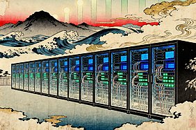 Eine Reihe moderner Server-Racks im Stil eines japanischen Holzschnitts (Ukiyo-e), eingebettet in eine traditionelle Landschaft mit Wellen, Bergen und einem Sonnenaufgang. Die Server leuchten in Blau- und Grüntönen und symbolisieren die Verbindung von digitaler Innovation und klassischer Ästhetik.