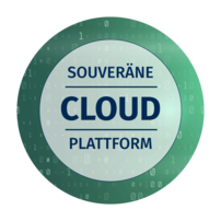 Rundes grünes Abzeichen mit Binärmuster und dem Text: Souveräne Cloud Plattform