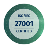 Round green seal with a digital background reading: ISO/IEC 27001 certified