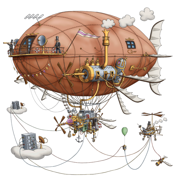 Das Flying Circus Luftschiff Das große Mainvisual des Flying Circus zeigt ein komplexes Luftschiff im Stile des Steampunks