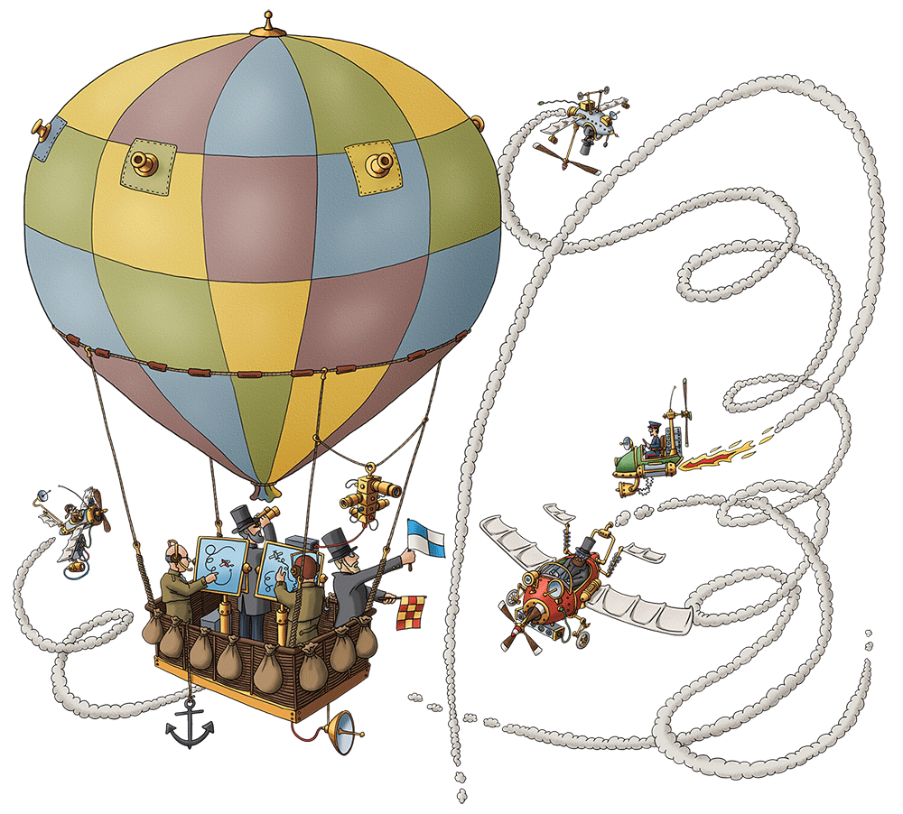 Das Bild vom Flying Circus zeigt einen Luftballon in dem sich eine Kontroll-Station befindet und den Luftraum um ihn herum überwacht und coordiniert