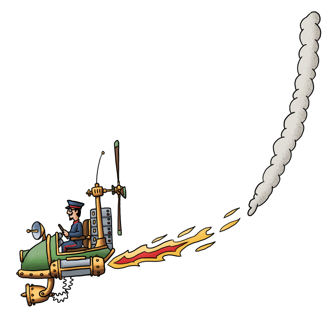 Der Flieger des Flying Circus zeigt ein düsengetriebenes Fluggerät im Steampunk-Stil welches von rechts nach links fliegt