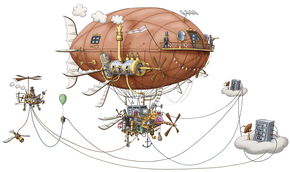 Das große Mainvisual des Flying Circus zeigt ein komplexes Luftschiff im Stile des Steampunks