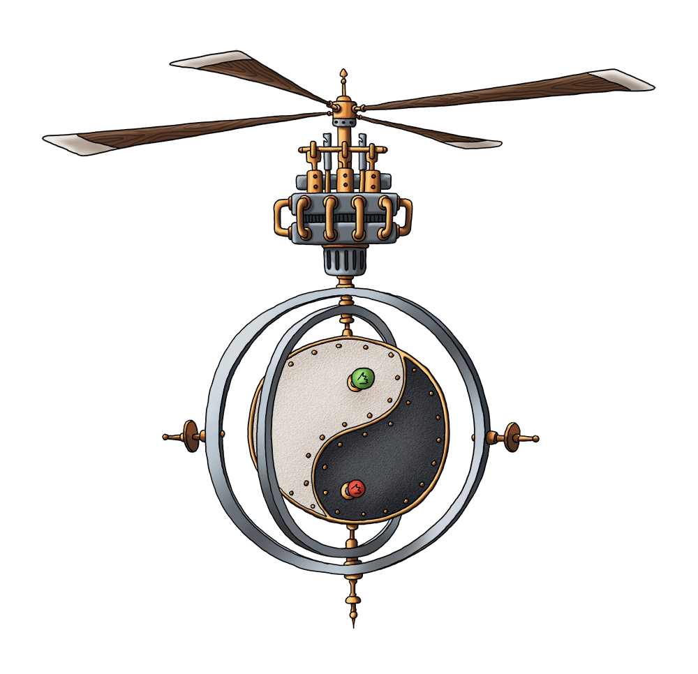 Das Yin und Yang Zeichen mit einem Propeller modifiziert im Stil vom Steampunk