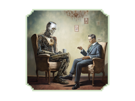 Das Bild zeigt eine Interview-Situation mit einem Roboter und einem Menschen