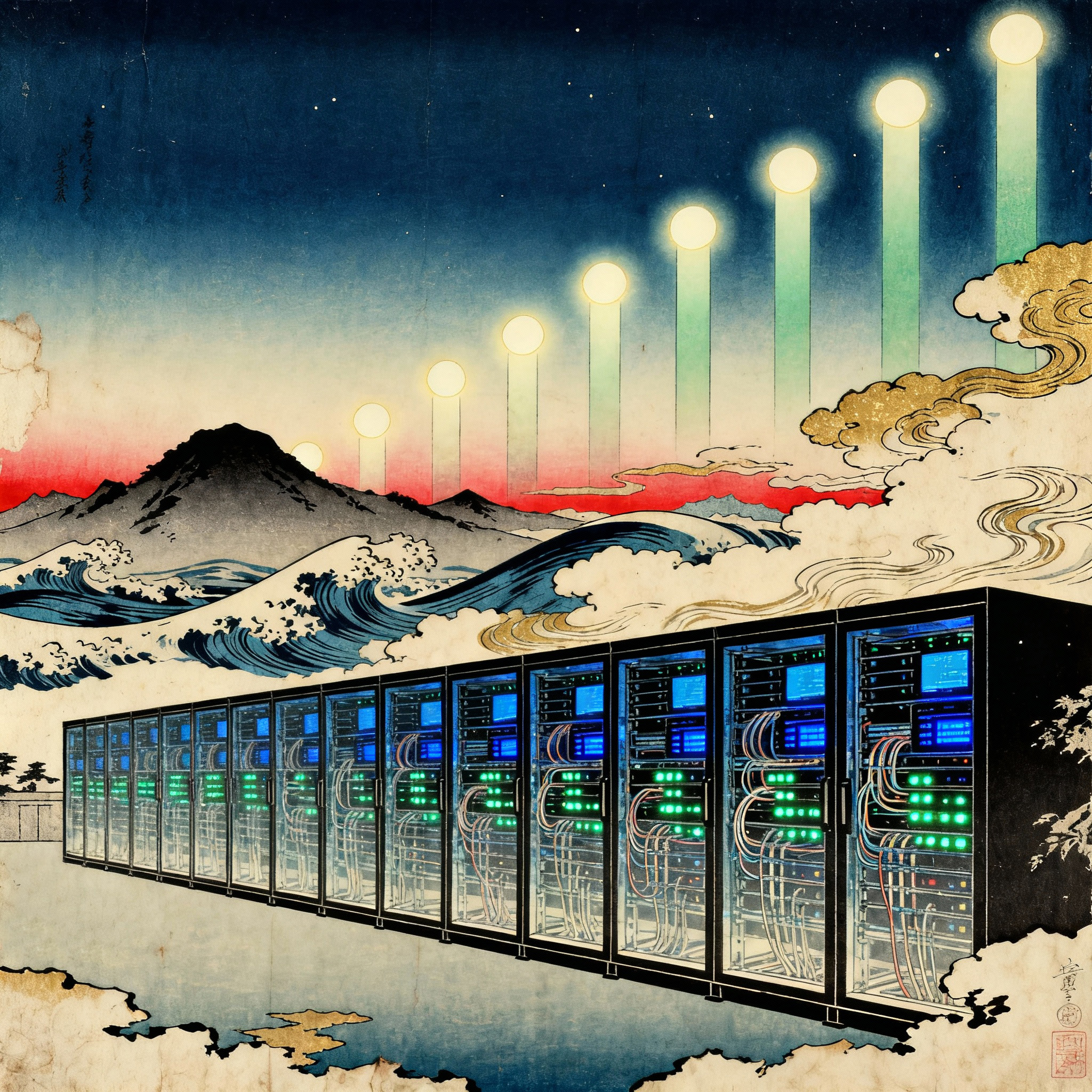 Eine Reihe moderner Server-Racks im Stil eines japanischen Holzschnitts (Ukiyo-e), eingebettet in eine traditionelle Landschaft mit Wellen, Bergen und einem Sonnenaufgang. Die Server leuchten in Blau- und Grüntönen und symbolisieren die Verbindung von digitaler Innovation und klassischer Ästhetik in einem quadratischen Format.
